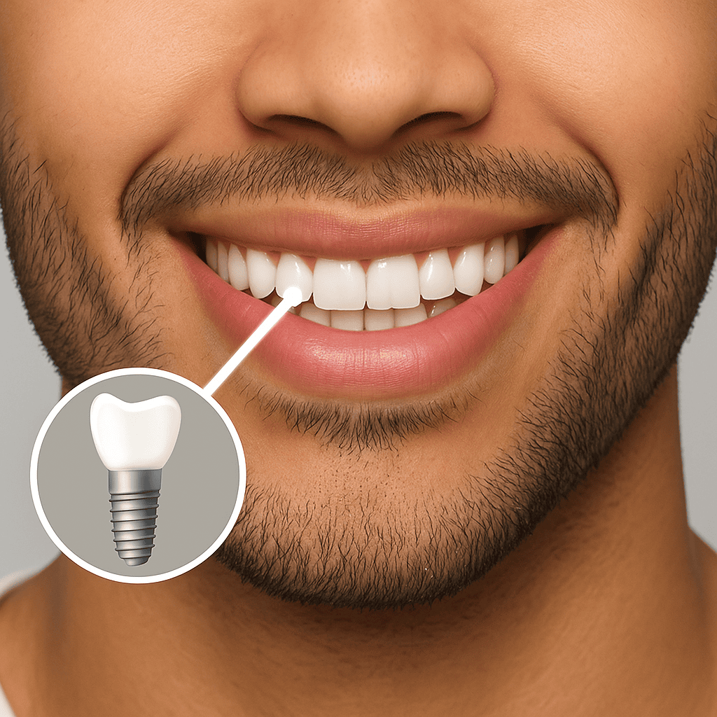 Smiling patient after implant surgery, with a circular callout highlighting the dental implant.