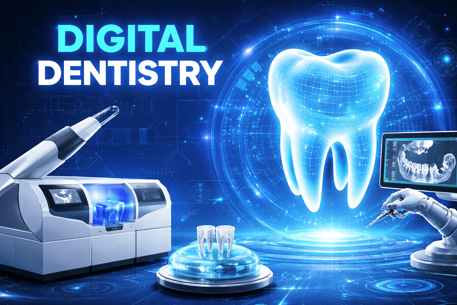 Tecnología de odontología digital con escaneo 3D, diseño de dientes y fresadora CAD CAM para tratamientos dentales avanzados.