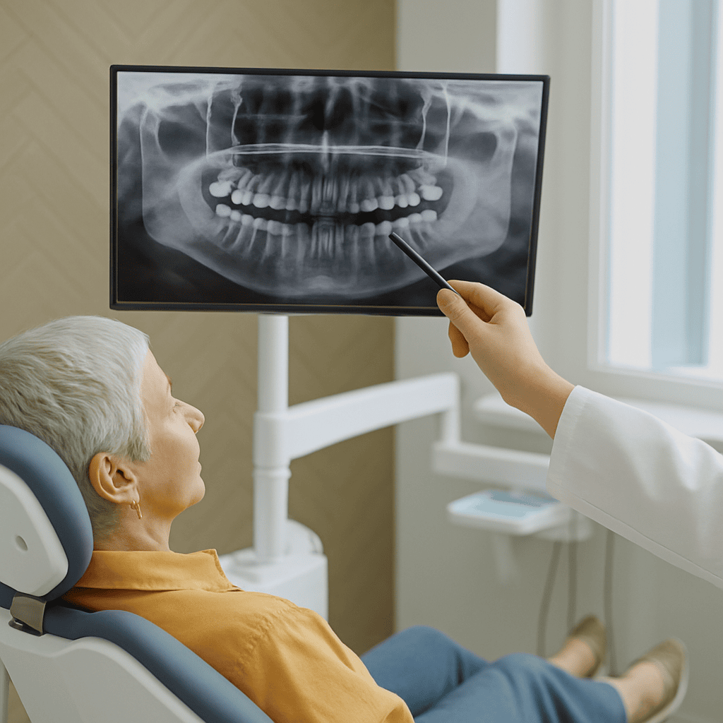 Dentist showing a seated female patient her panoramic X-ray and explaining her teeth.