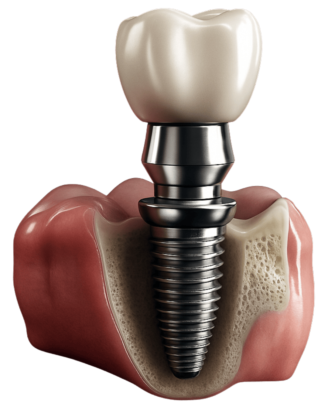 3D dental implant diagram with labels highlighting crown, abutment, screw, and titanium post.