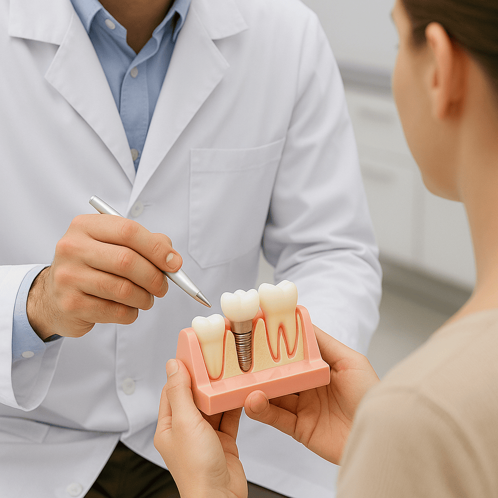 Dentist using a jaw model to explain how dental implants work to a seated patient.