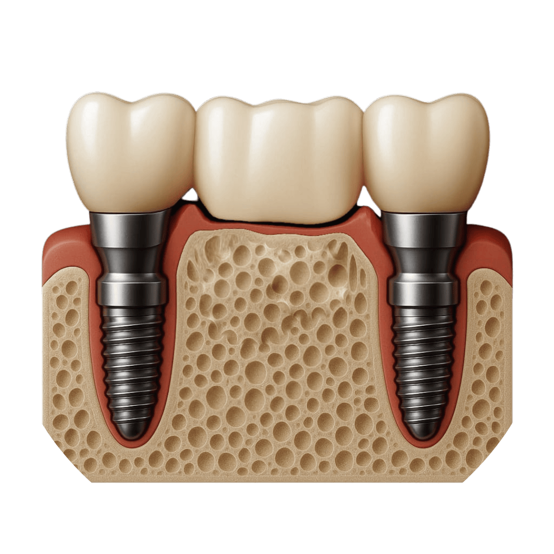 3D example of an implant-supported bridge replacing multiple missing teeth in the jaw.