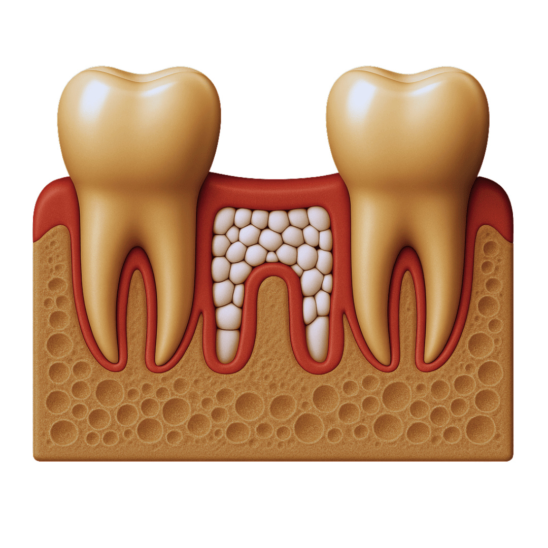 3D view of two natural teeth and a socket filled with bone graft after tooth extraction.