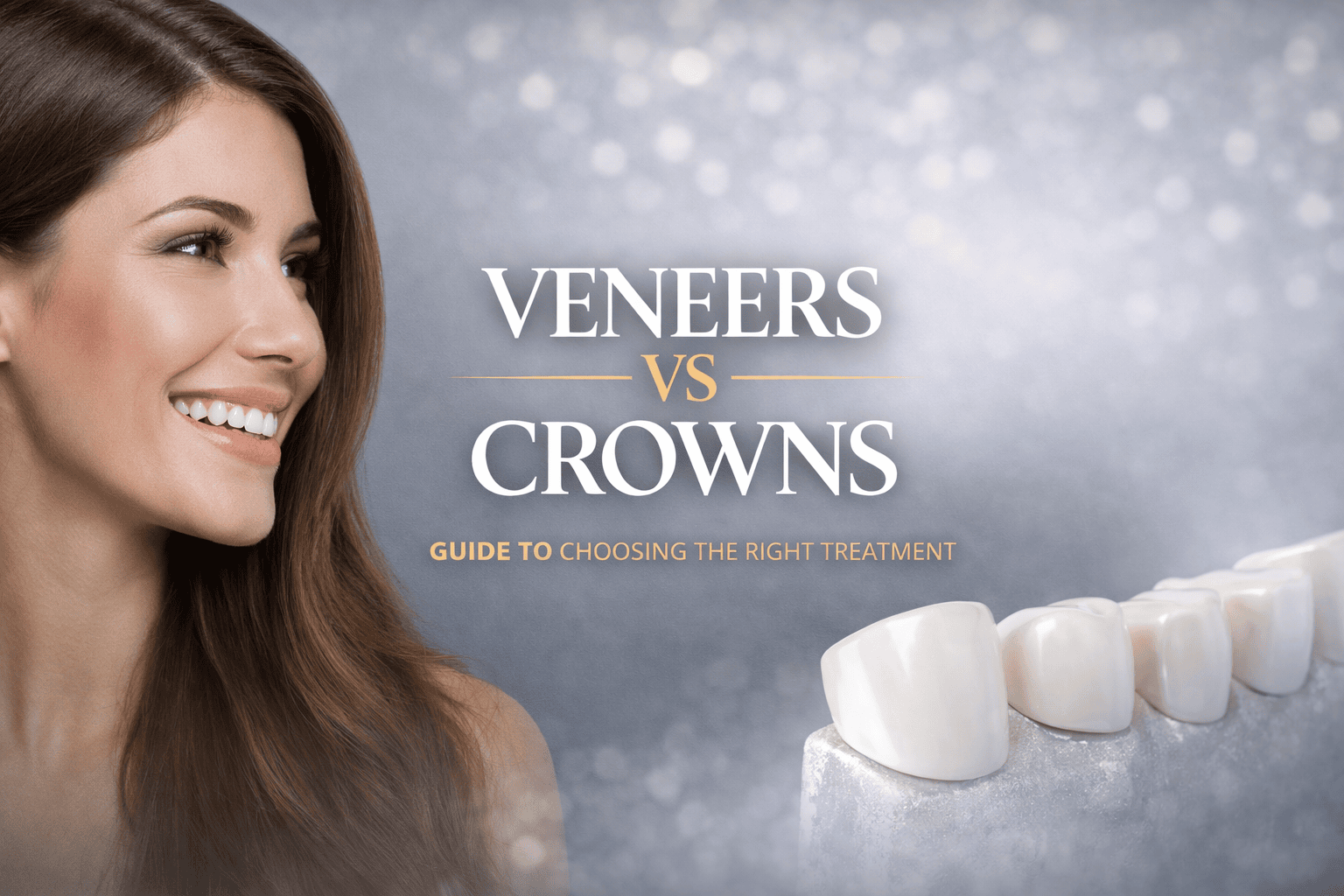 Elegant dental banner with smiling woman and text “Veneers vs Crowns” modern aesthetic design